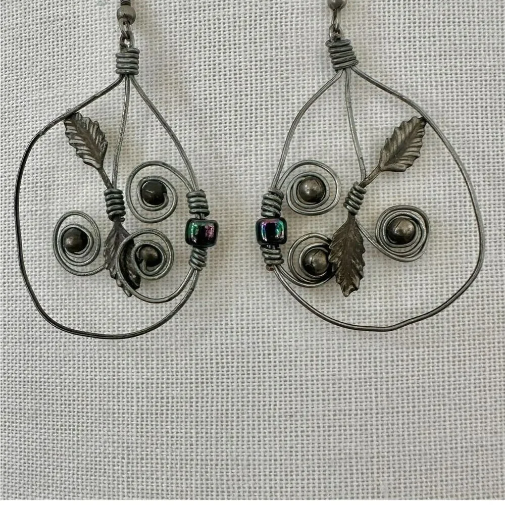 Silver tone teardrop leaf wire artisan earrings